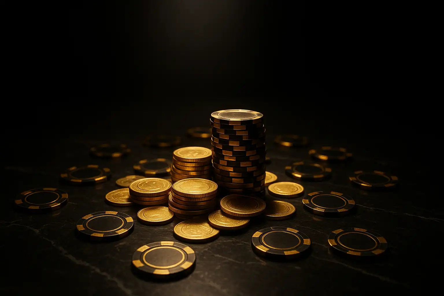 Gold coins and bonus chips scattered across a dark table under spotlight