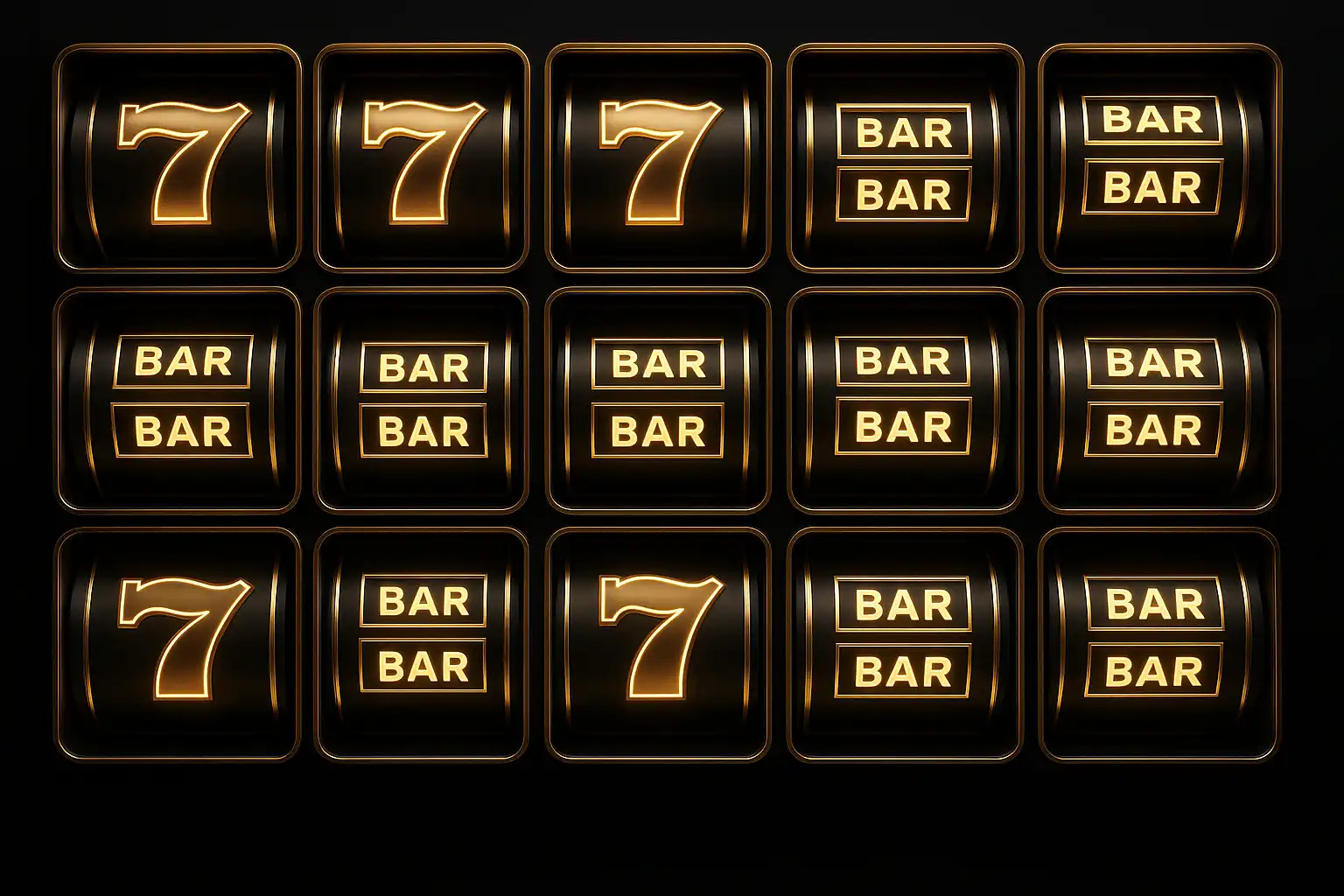 Grid of slot machine reels glowing gold against a dark casino background